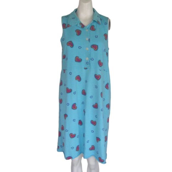 Vintage Dress, M, Light Blue, Collar, Raw Hem, Red Hearts, Pullover, Sleeveless - Picture 7 of 9